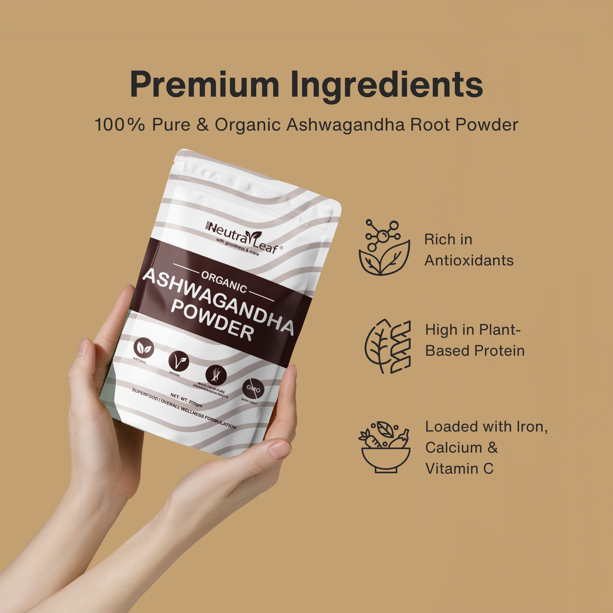 NeutraLeaf Organic Ashwagandha Root Powder - 500g | Helps Fight Anxiety and Stress