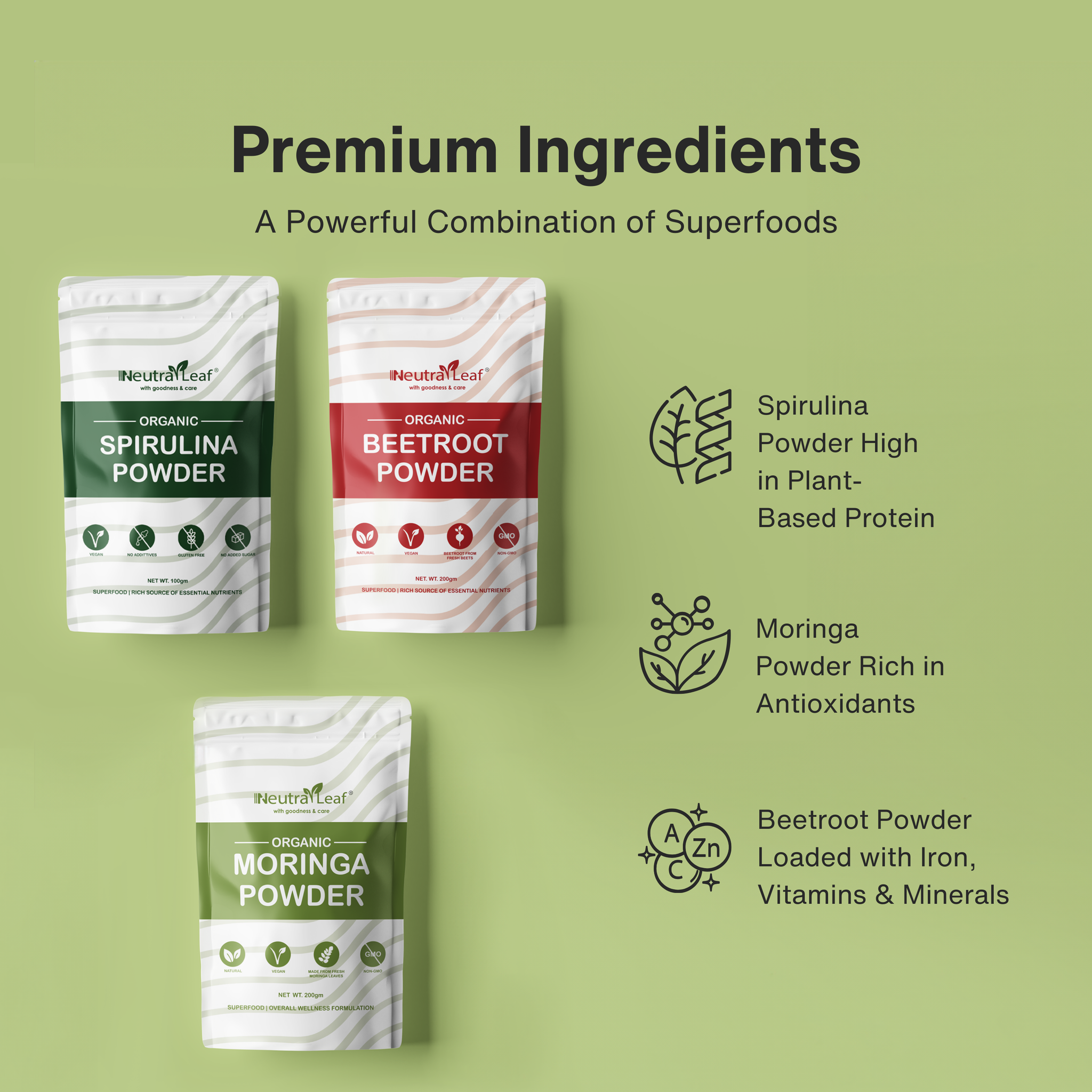 Metabolism Booster Combo - 200g Of Beetroot Powder + 200g Of Moringa Powder + 100g Of Spirulina Powder