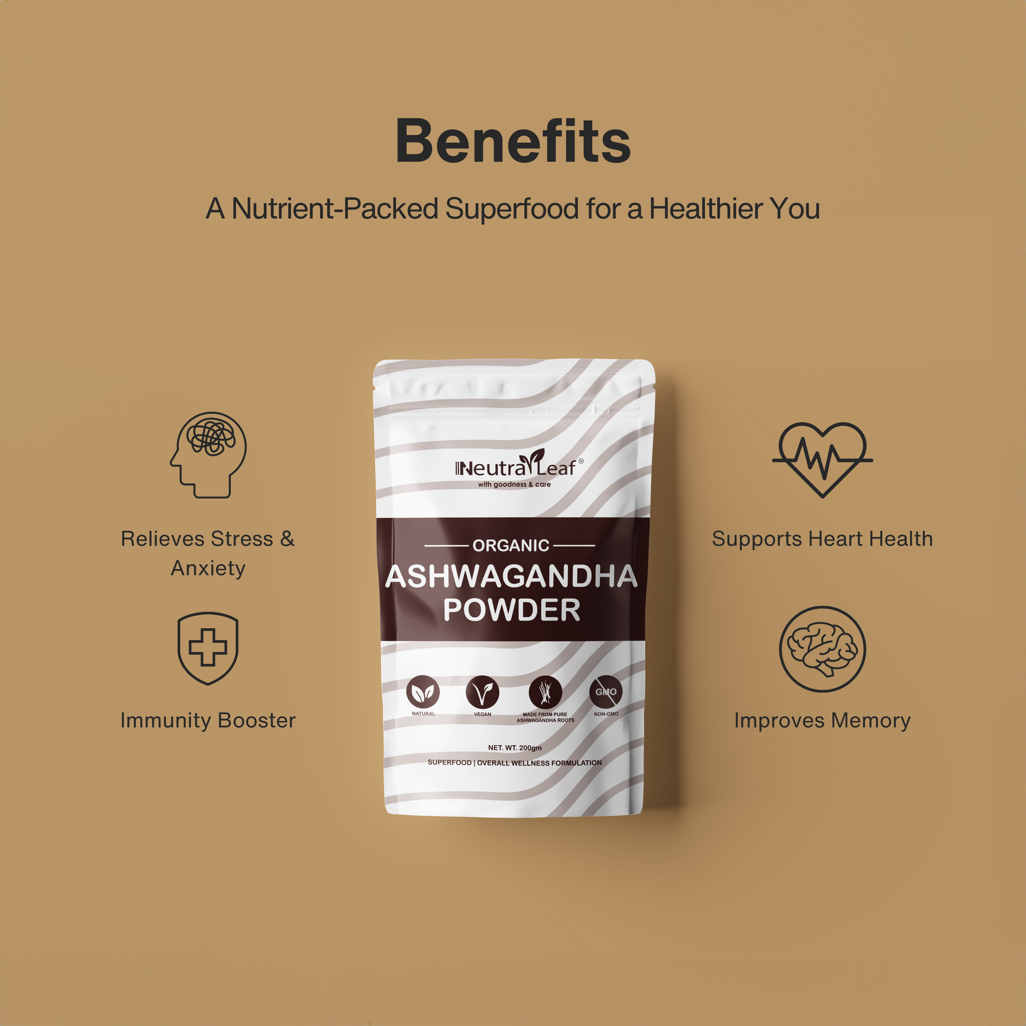NeutraLeaf Organic Ashwagandha Root Powder - 500g | Helps Fight Anxiety and Stress