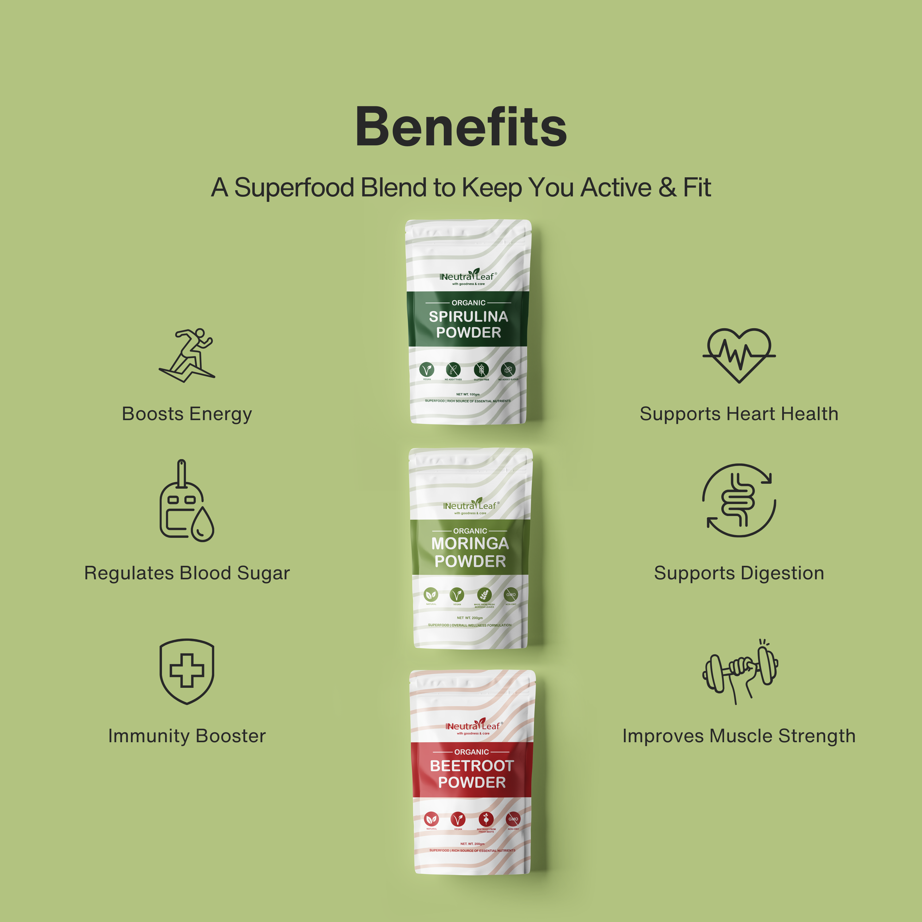 Metabolism Booster Combo - 200g Of Beetroot Powder + 200g Of Moringa Powder + 100g Of Spirulina Powder
