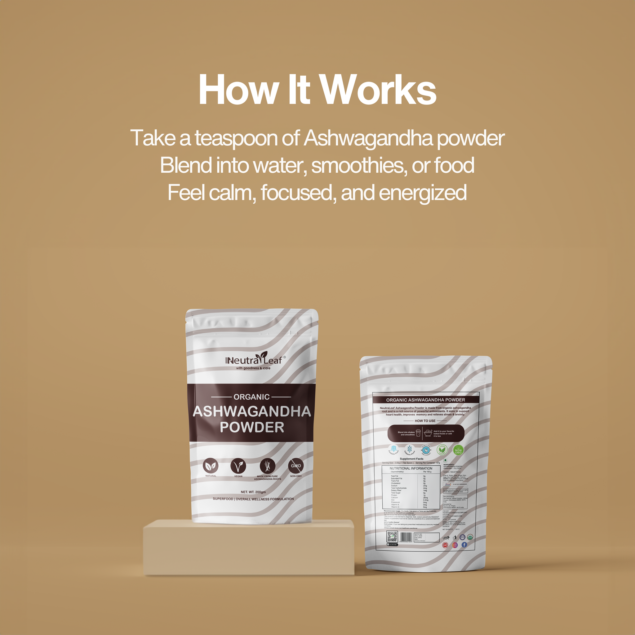 NeutraLeaf Organic Ashwagandha Root Powder - 500g | Helps Fight Anxiety and Stress