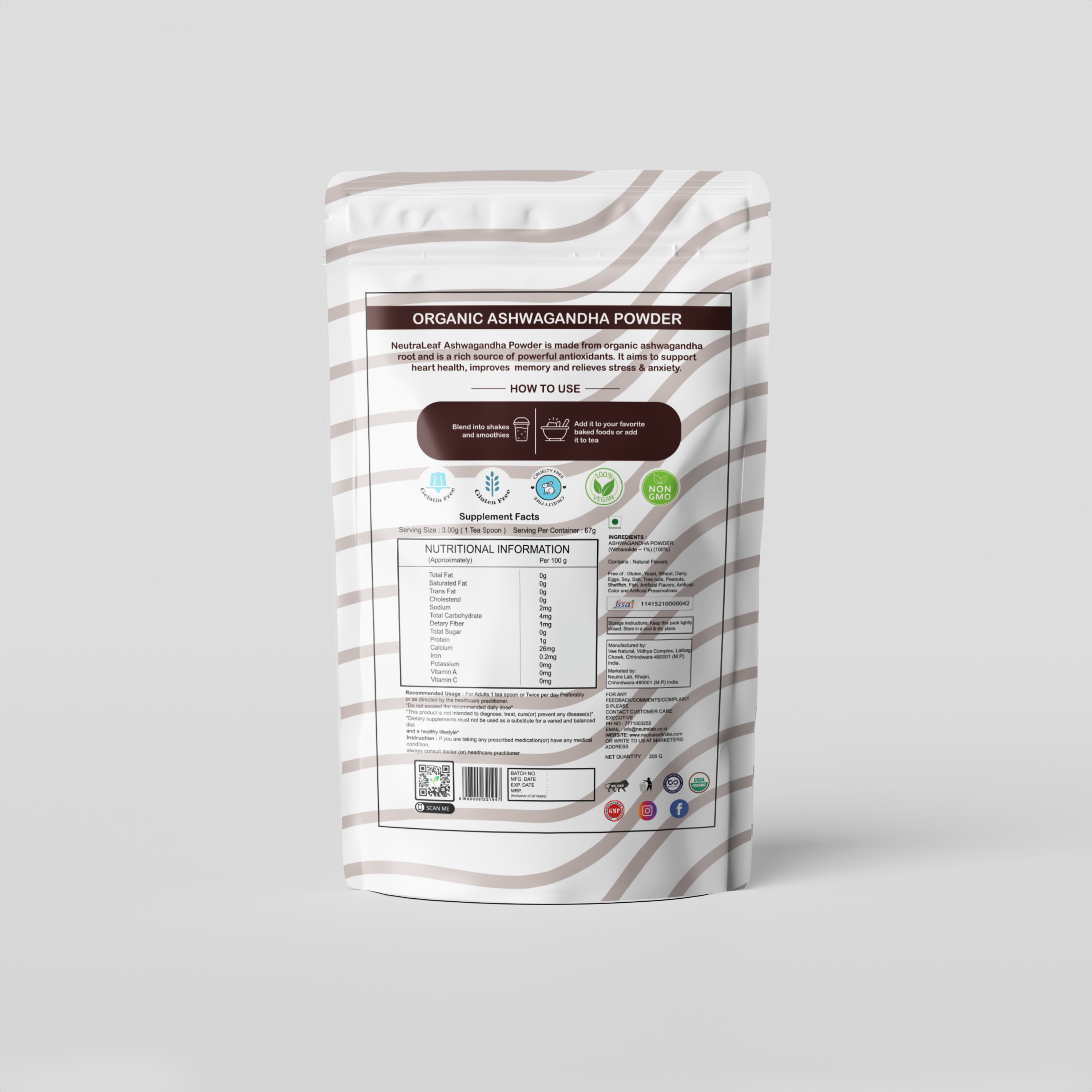 NeutraLeaf Organic Ashwagandha Root Powder - 500g | Helps Fight Anxiety and Stress