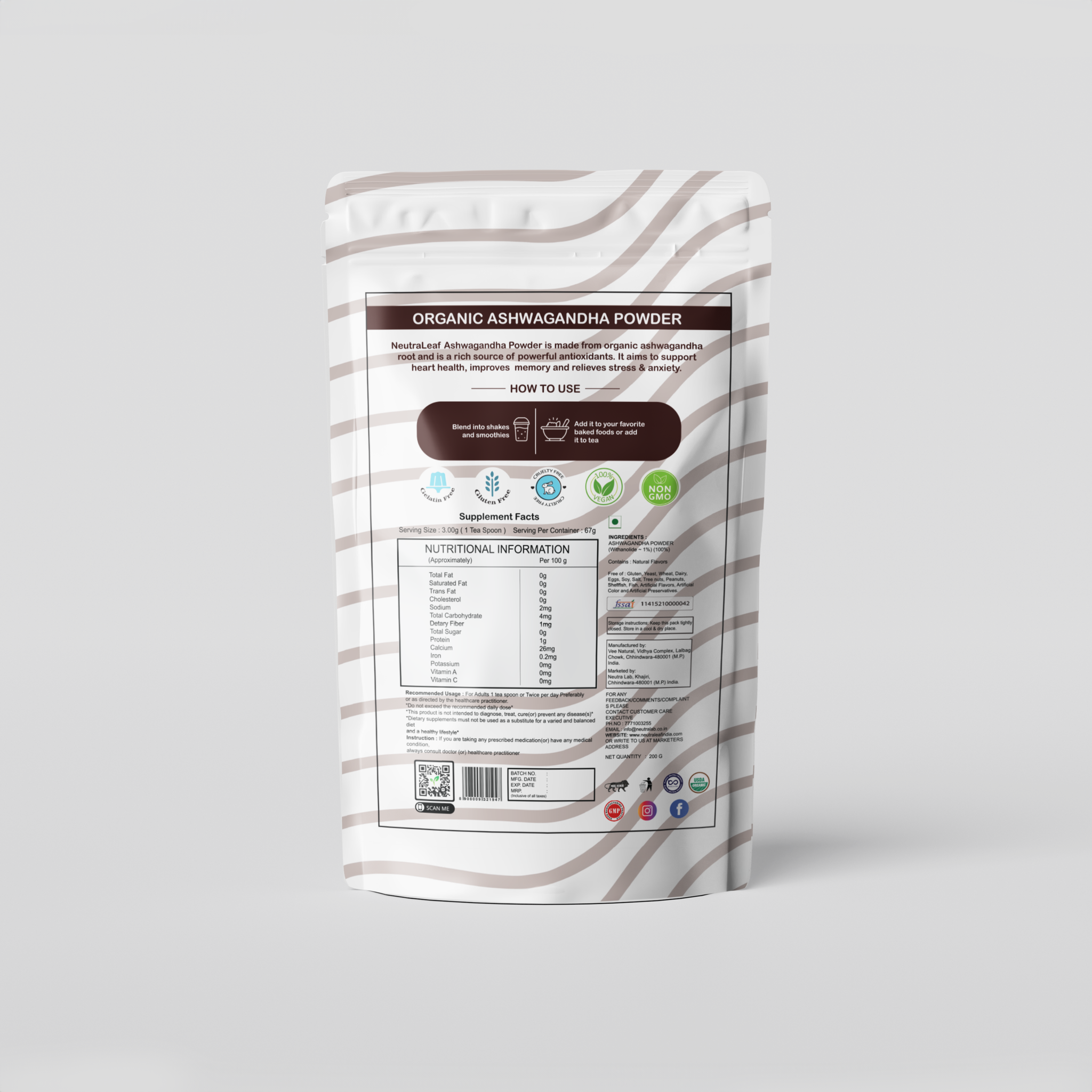 NeutraLeaf Organic Ashwagandha Root Powder - 500g | Helps Fight Anxiety and Stress